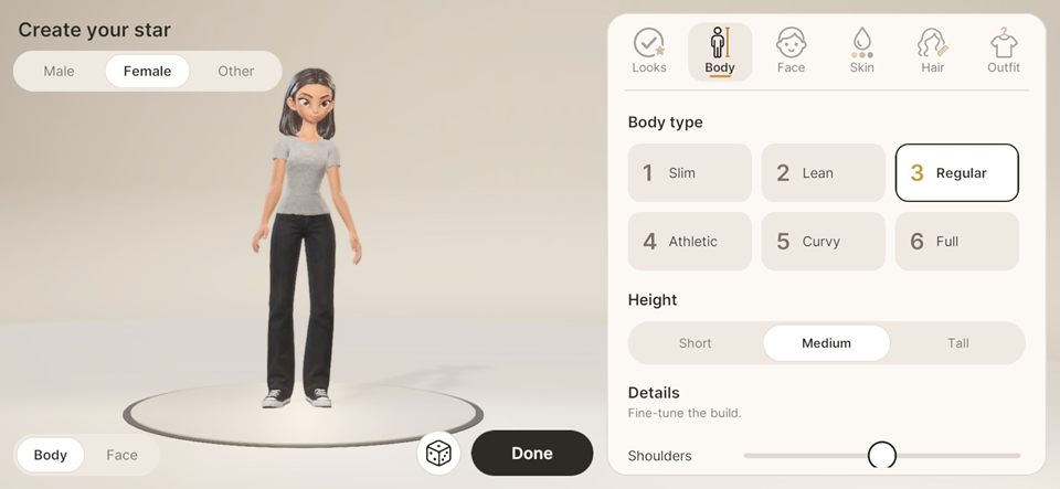 The Star creator with body types, heights and sliders.