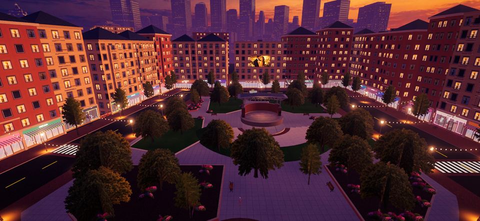 The plaza at sunset, from above: a park round an open-air stage, shops under string lights and the skyline.
