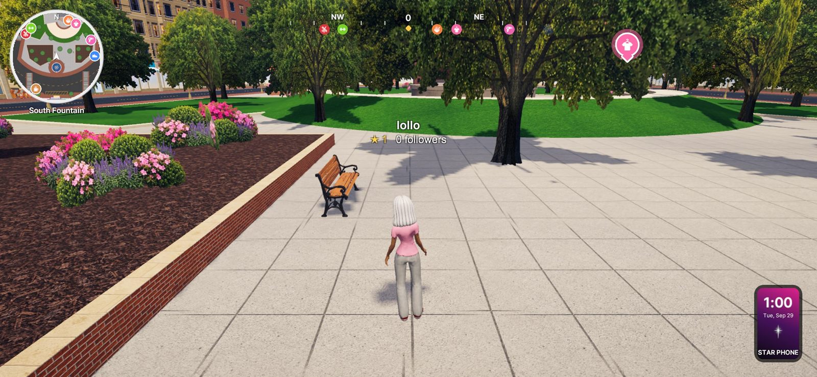 A Star walking in the park with the minimap, compass and Star Phone on screen.