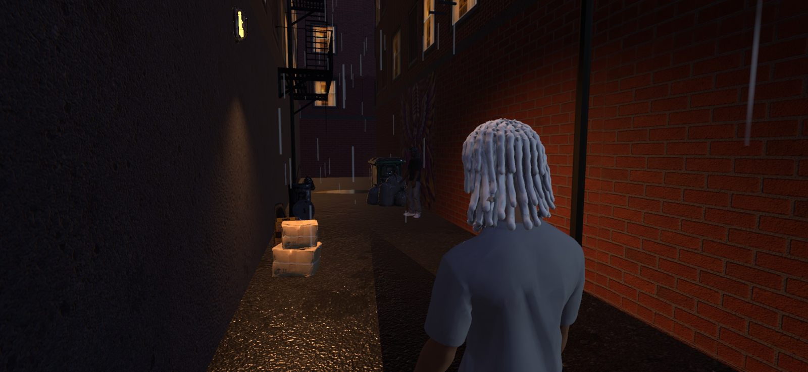 A Star with silver locs walking down a rainy alley at night.