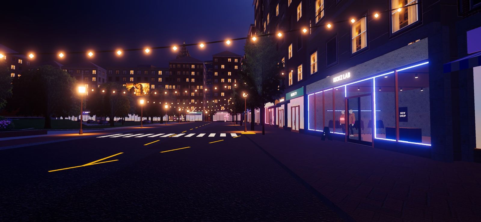 Kickz Lab's neon shopfront at night, with a NEW DROP sign, on a street strung with lights.