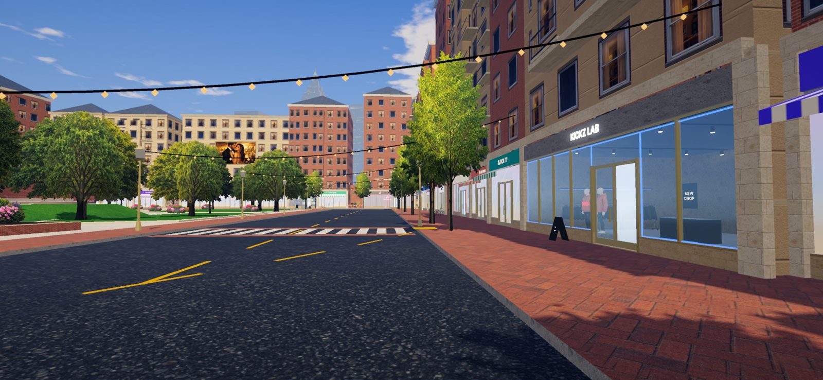 A shopping street by day with string lights and Kickz Lab.